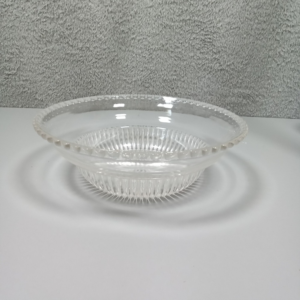 Vintage Clear‎ Pressed Glass Serving Bowl Beaded Rim Sunburst Ribbed 9.25 Inch